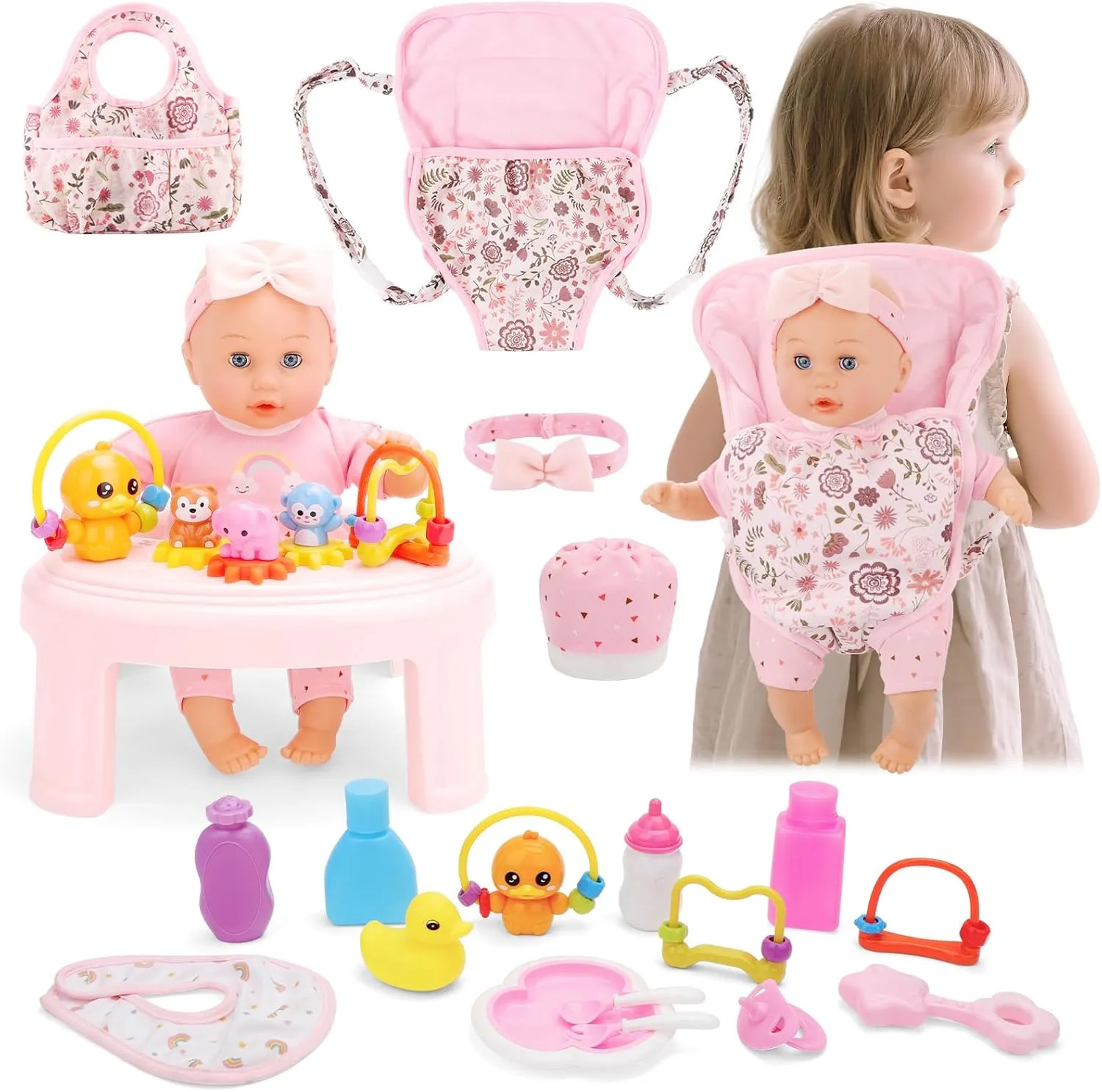deAO 13'' Girl Baby Doll Play Set Interactive Baby Doll with 20pcs Accessories Carrier Crossbody Diaper Bag High Chair Feeding Nursery Pretend Play Toddler Girl Toy Gift Age 3 