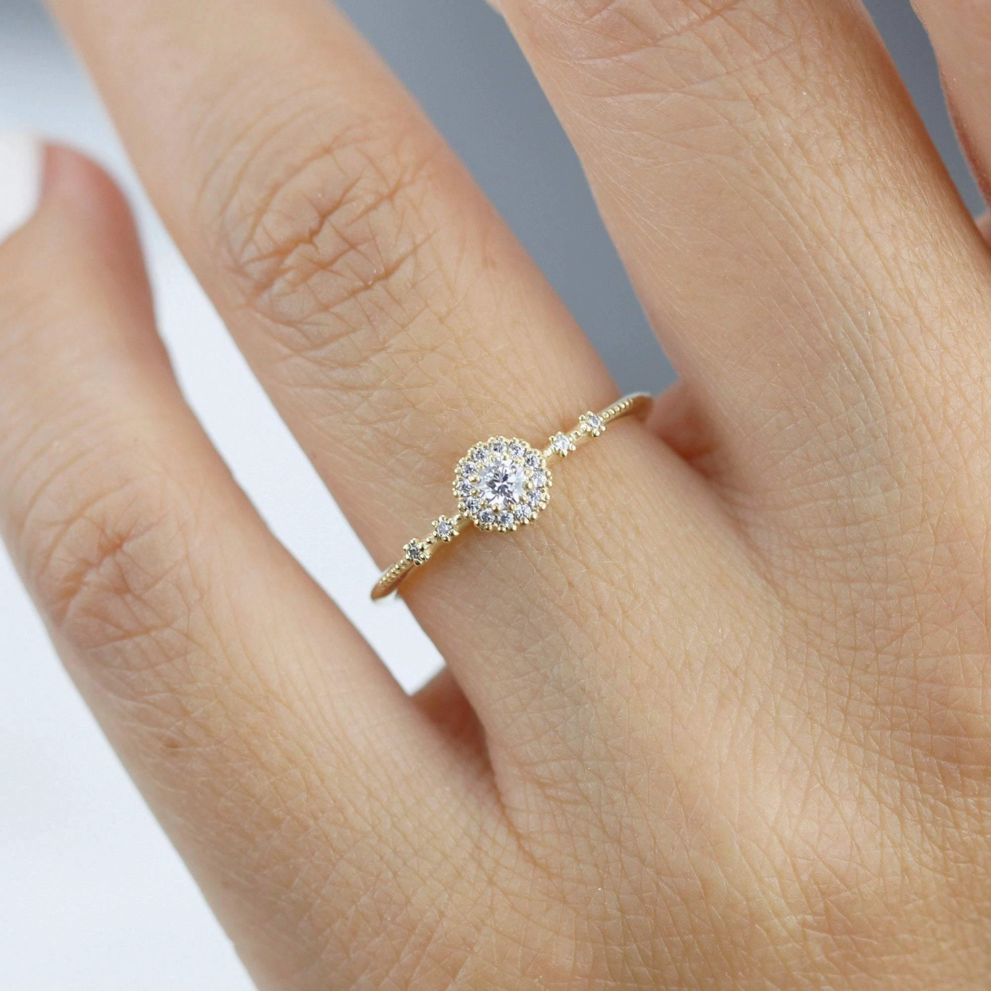 Delicate diamond ring simple |  halo engagement ring white diamond | R304WD
