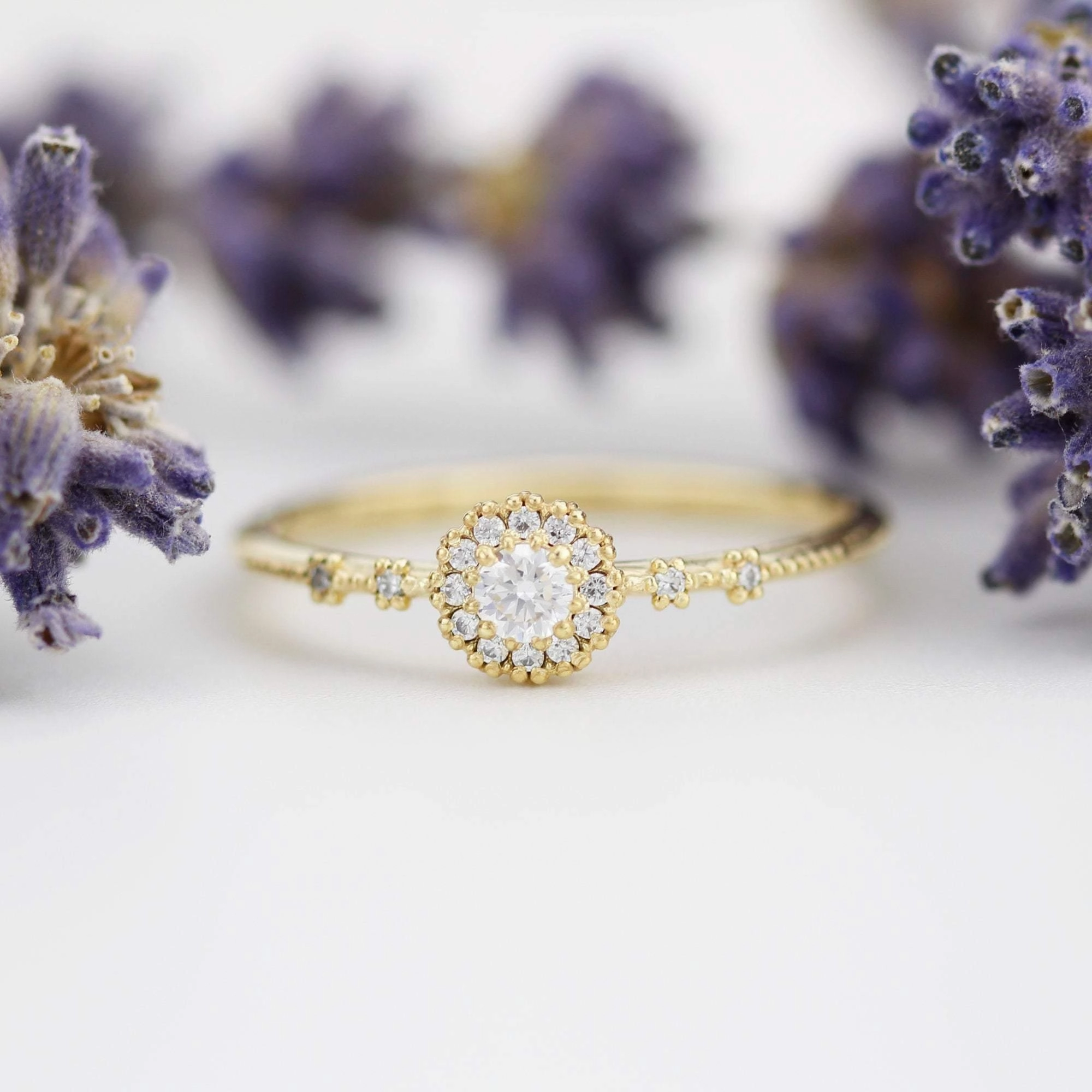 Delicate diamond ring simple |  halo engagement ring white diamond | R304WD