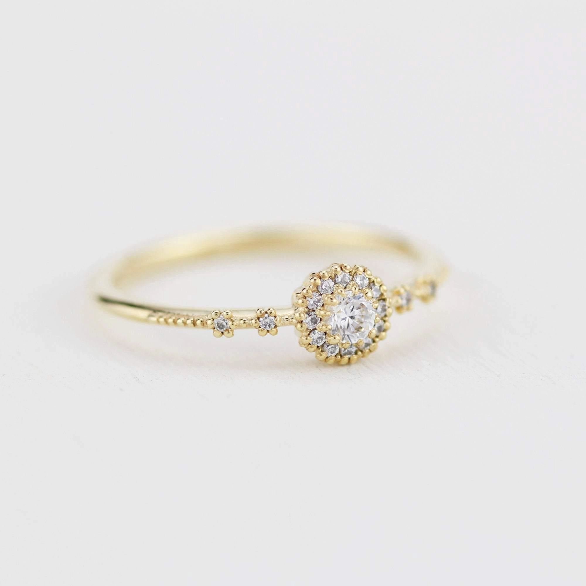 Delicate diamond ring simple |  halo engagement ring white diamond | R304WD