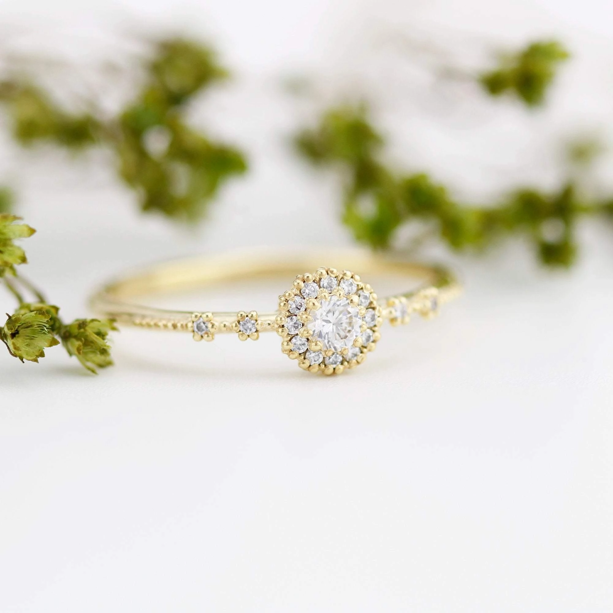 Delicate diamond ring simple |  halo engagement ring white diamond | R304WD