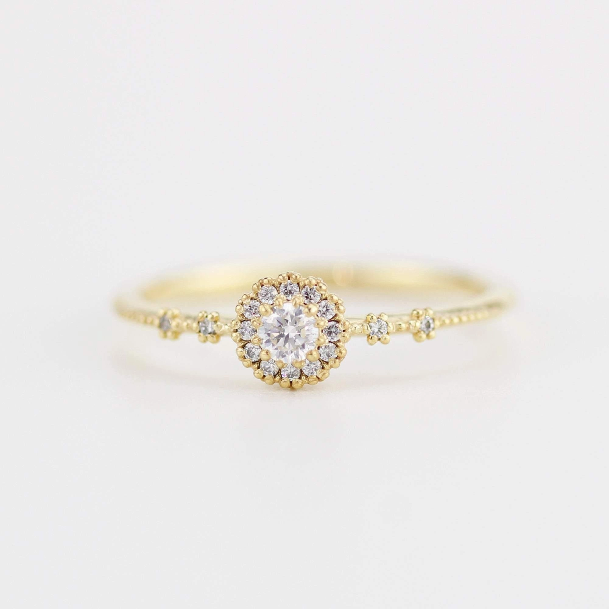 Delicate diamond ring simple |  halo engagement ring white diamond | R304WD