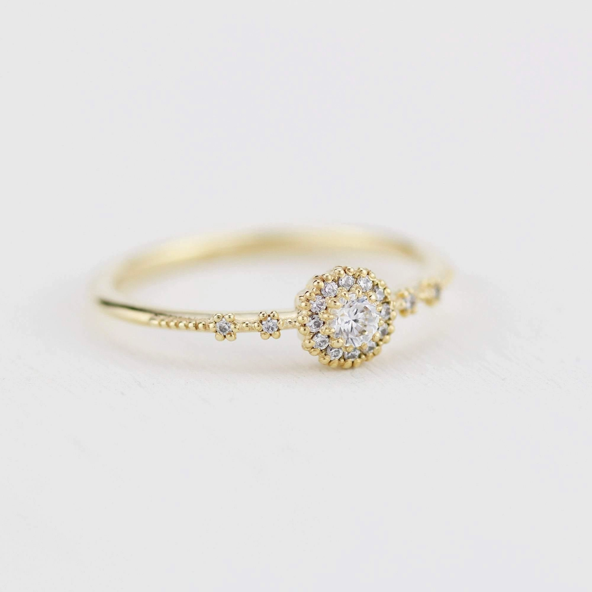 Delicate diamond ring simple |  halo engagement ring white diamond | R304WD