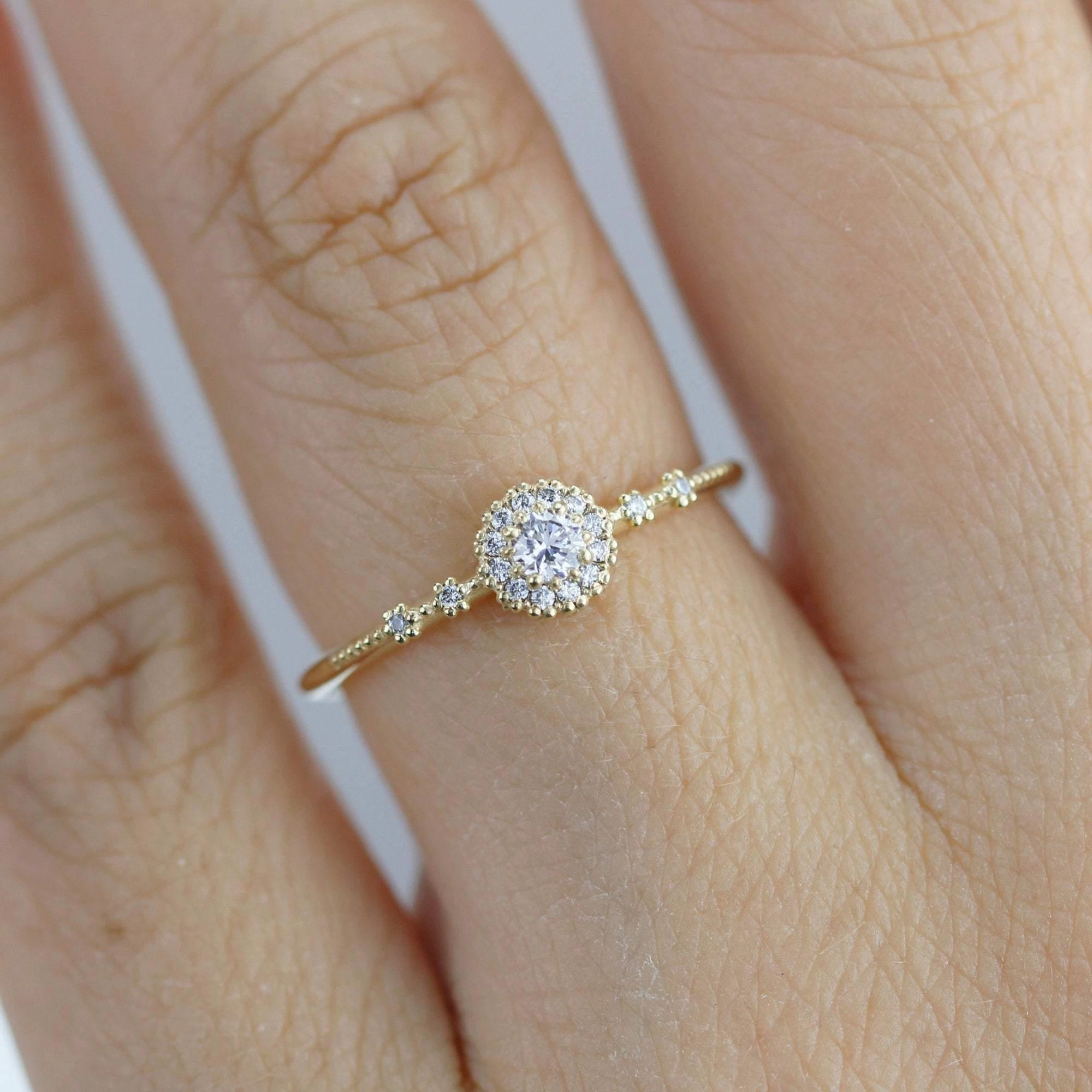 Delicate diamond ring simple |  halo engagement ring white diamond | R304WD