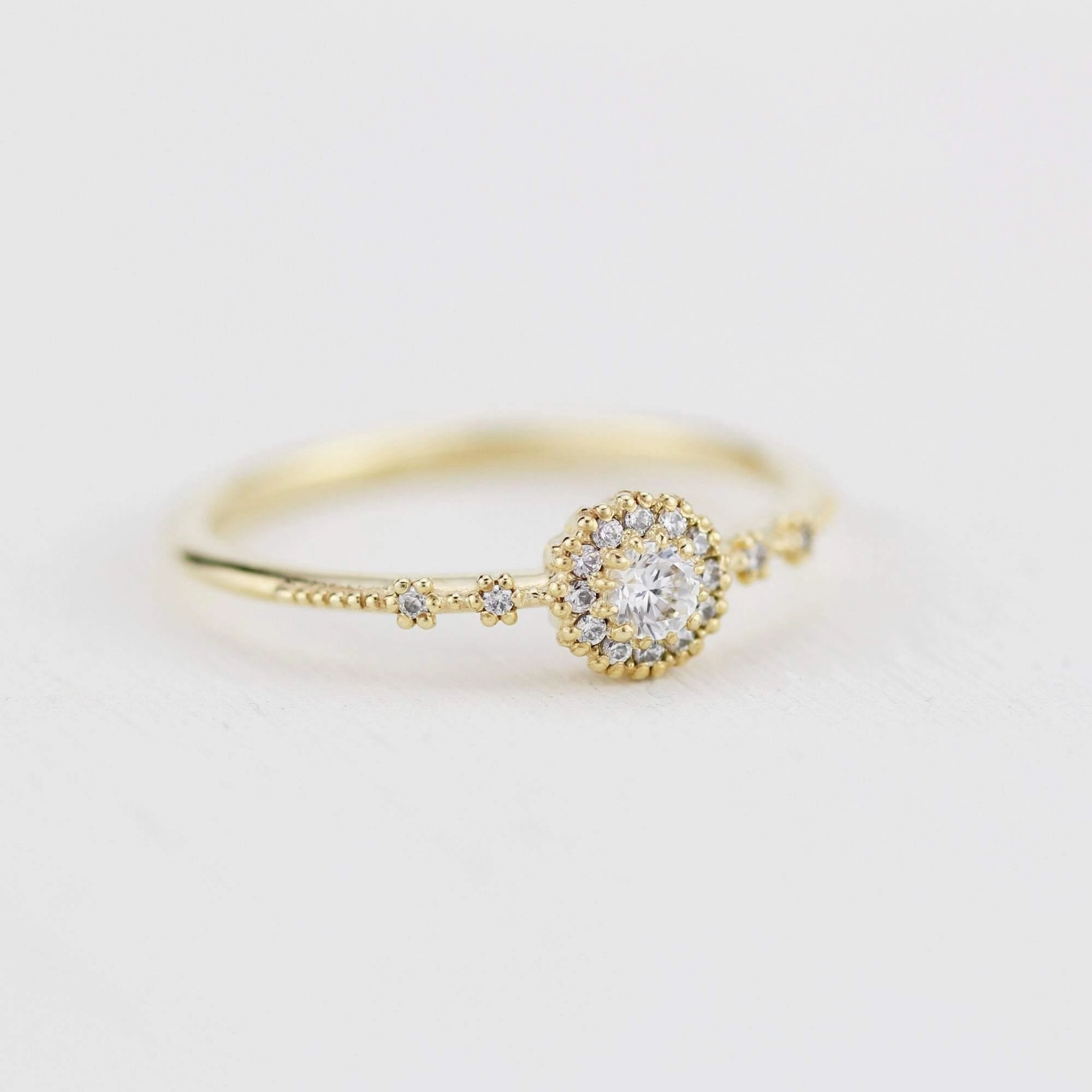 Delicate diamond ring simple |  halo engagement ring white diamond | R304WD