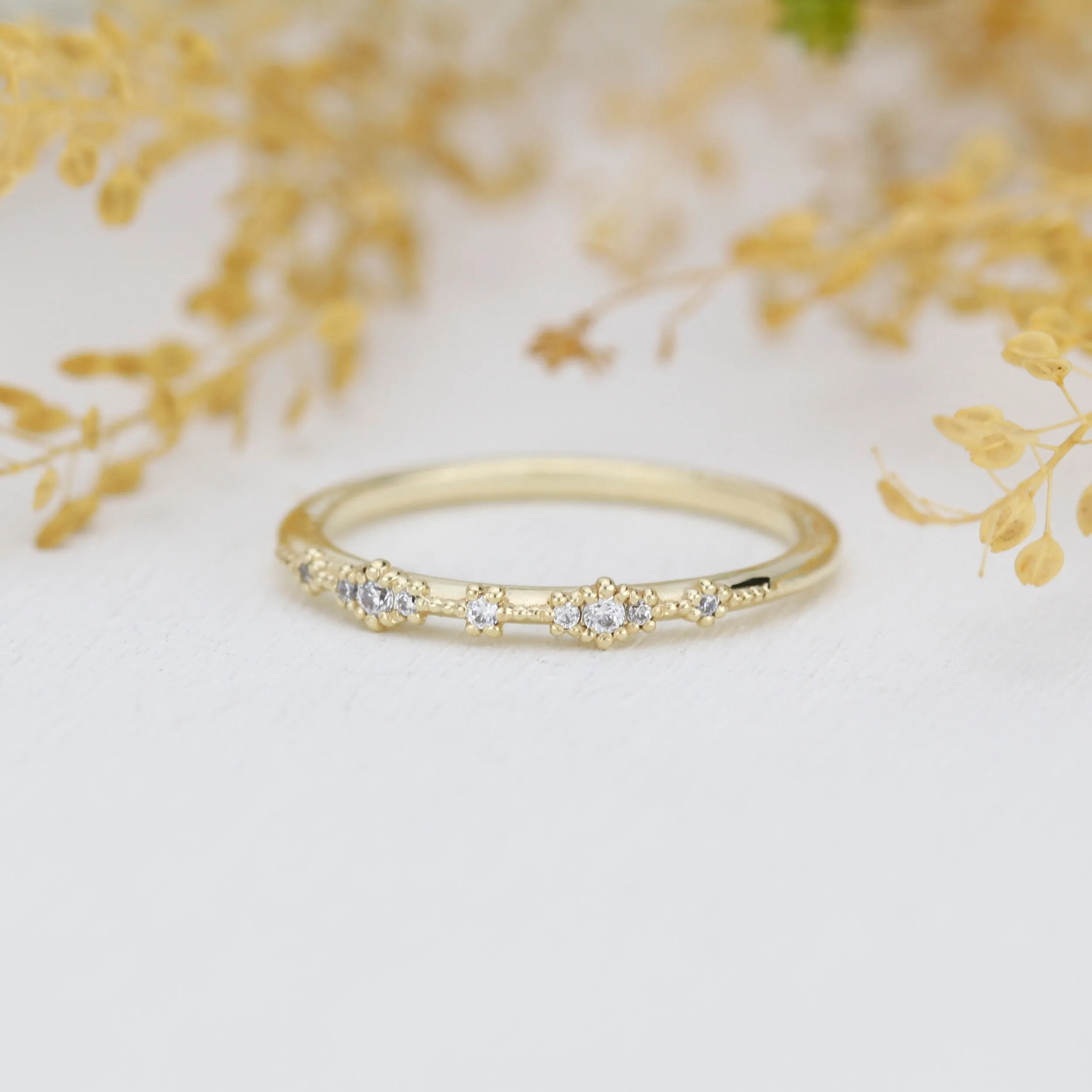 Diamond wedding  band, vintage diamond engagement ring, half eternity band, Lace wedding band, Delicate gold lace ring | R 357WD