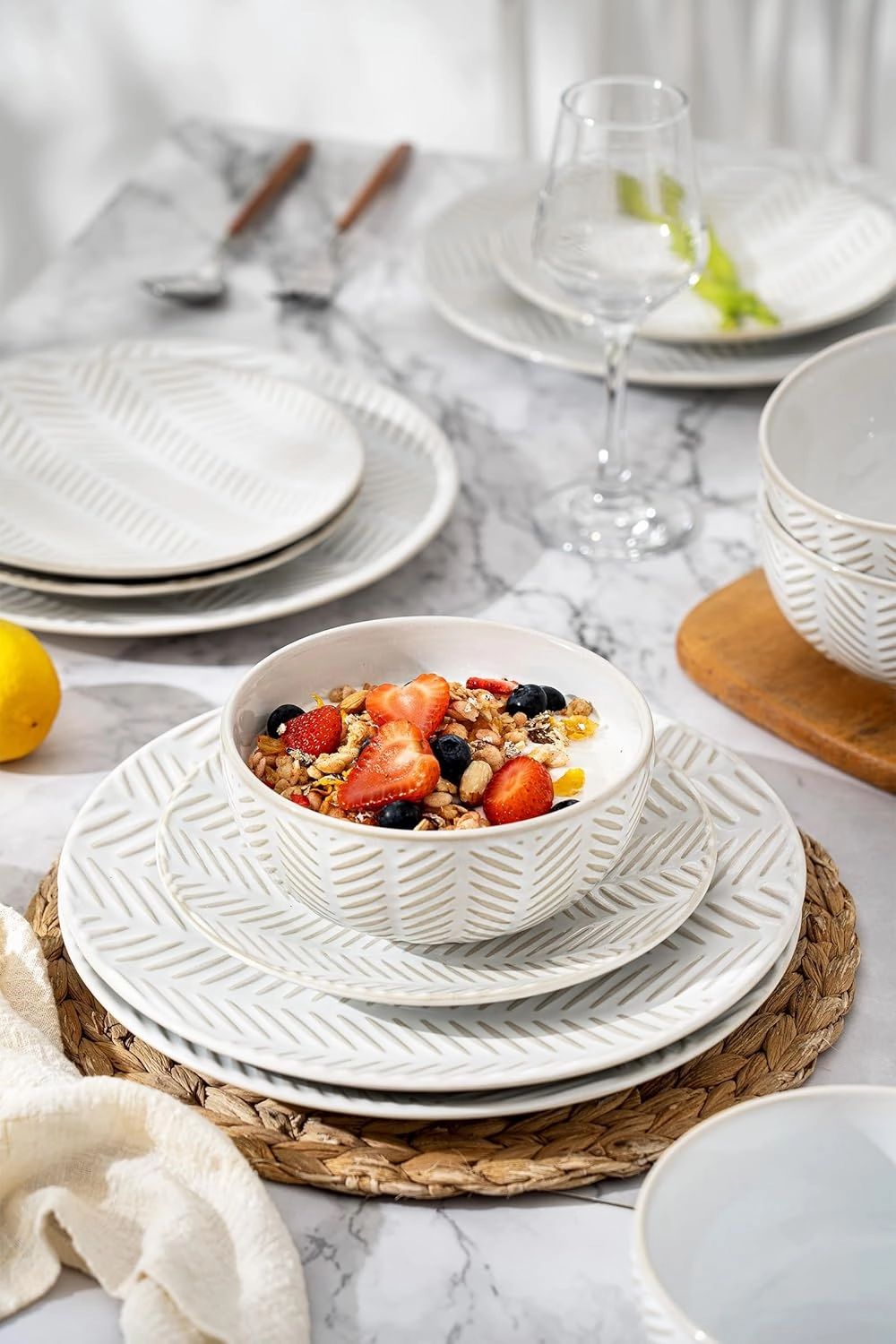 Dinnerware Sets for 4, Ceramic Microwave Safe Plates and Bowls Sets, 12 Piece Matte Chip Resistance Dish Set, Home Essentials Embossment Stoneware Dinnerware Set, Wedding Gift