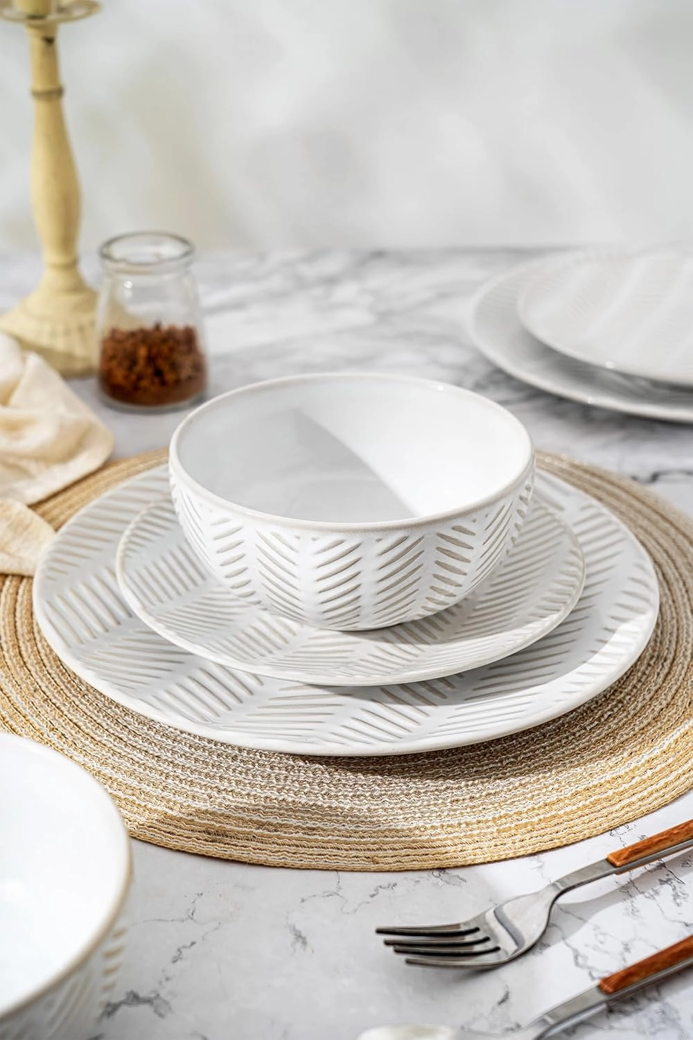 Dinnerware Sets for 4, Ceramic Microwave Safe Plates and Bowls Sets, 12 Piece Matte Chip Resistance Dish Set, Home Essentials Embossment Stoneware Dinnerware Set, Wedding Gift