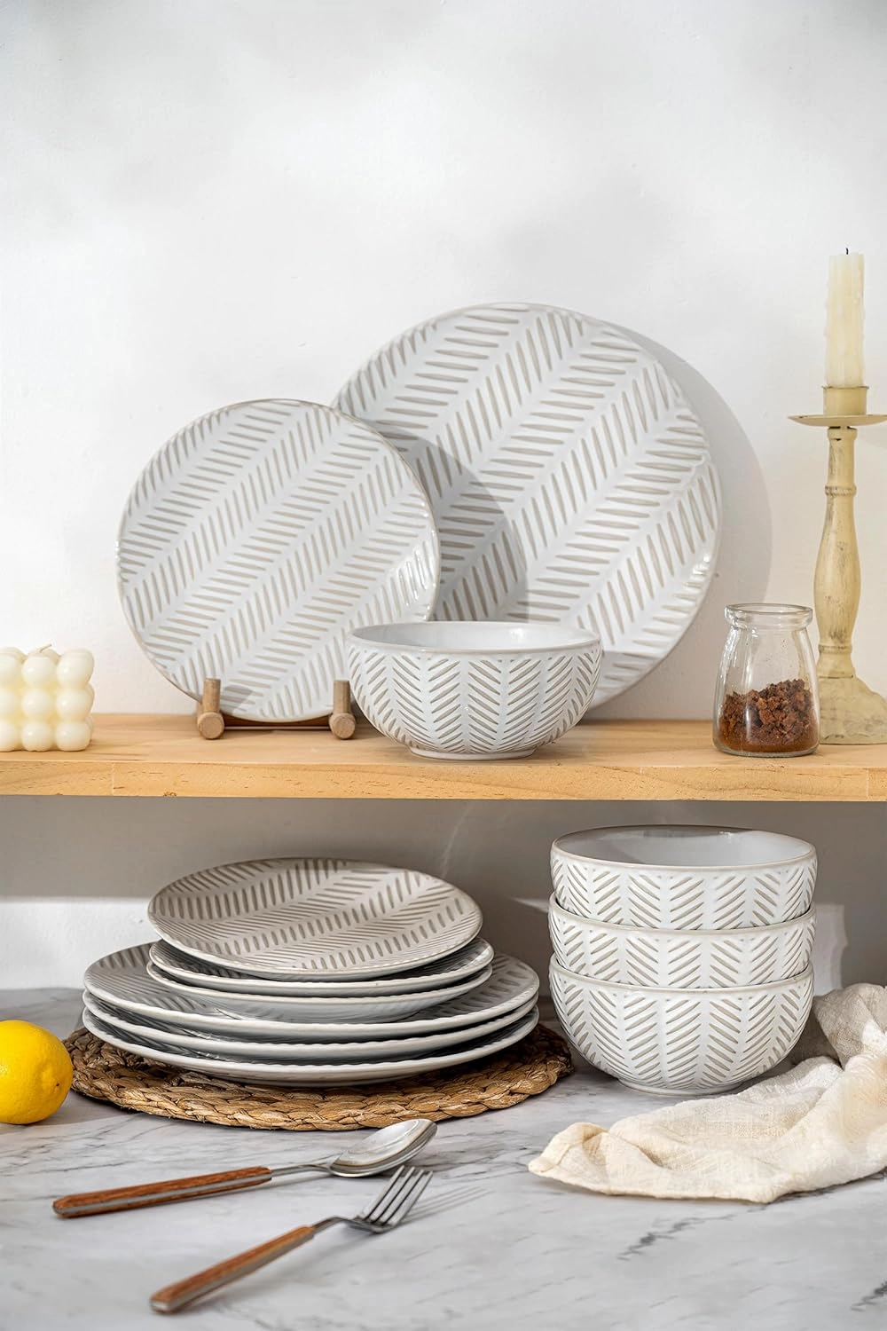 Dinnerware Sets for 4, Ceramic Microwave Safe Plates and Bowls Sets, 12 Piece Matte Chip Resistance Dish Set, Home Essentials Embossment Stoneware Dinnerware Set, Wedding Gift