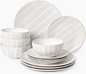 Dinnerware Sets for 4, Ceramic Microwave Safe Plates and Bowls Sets, 12 Piece Matte Chip Resistance Dish Set, Home Essentials Embossment Stoneware Dinnerware Set, Wedding Gift