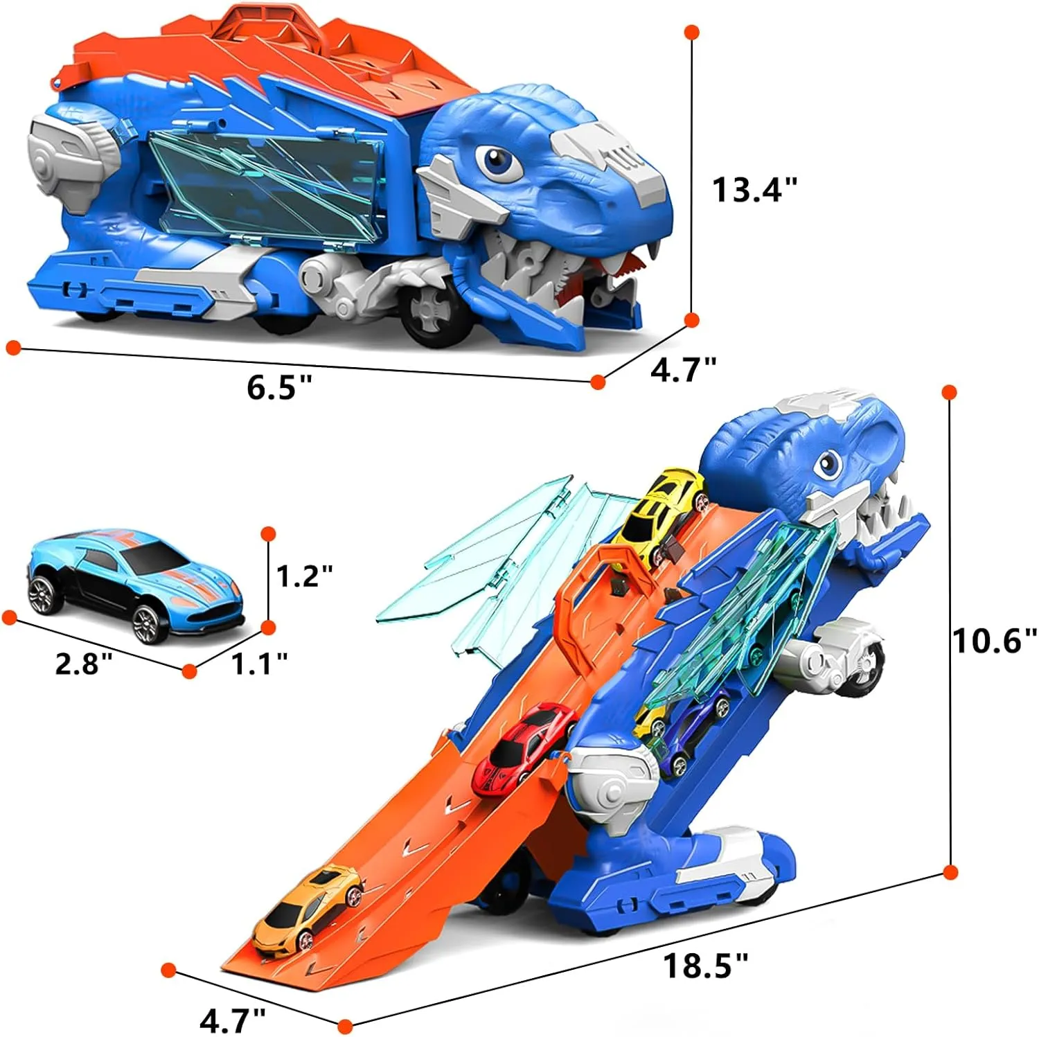 Dinosaur Truck Toys for Kids Toddlers, Transporter Transforms into Dual Racing Tracks Dino with 6 Die-Cast Cars Toy City Ultimate Garage Set Birthday Gifts Toys for 3 4 5 6 7 Year Old Boys
