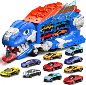 Dinosaur Truck Toys for Kids Toddlers, Transporter Transforms into Dual Racing Tracks Dino with 6 Die-Cast Cars Toy City Ultimate Garage Set Birthday Gifts Toys for 3 4 5 6 7 Year Old Boys