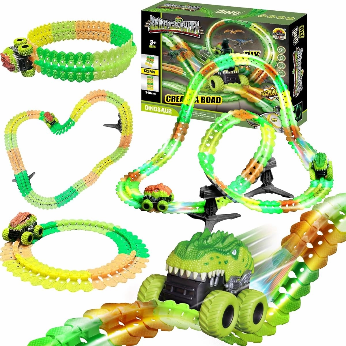 Dinosaur Race Car Truck Toy Set for Kids Boys Girls 3 4 5 6 Years Old and Up Electric Dinosaur Turkey Car with Strong Suction Cup Stable Tripod Over 130 Pieces Flexible Train Car Truck Birthday Gift Christmas