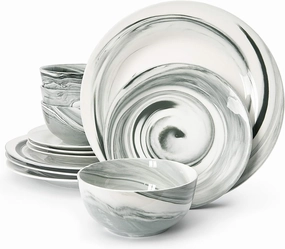 Divitis Home Fusion Porcelain Dinnerware Set 12 Piece, Black Round Plates and Bowls (Soup, Dinner, Salad), Dish Set