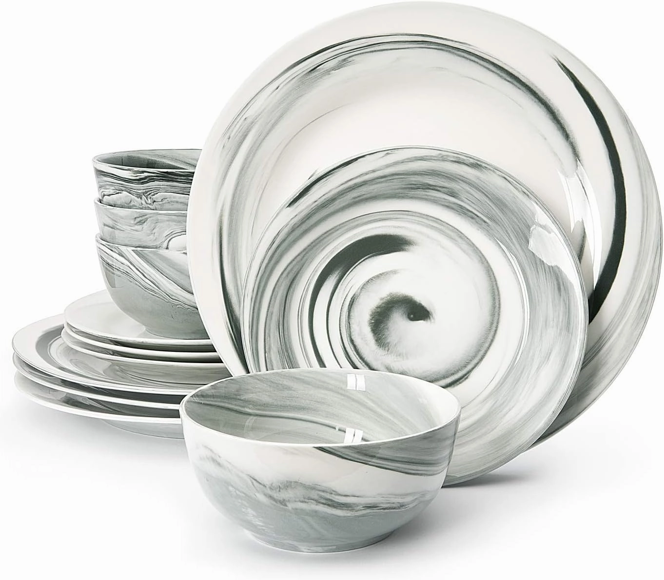 Divitis Home Fusion Porcelain Dinnerware Set 12 Piece, Black Round Plates and Bowls (Soup, Dinner, Salad), Dish Set