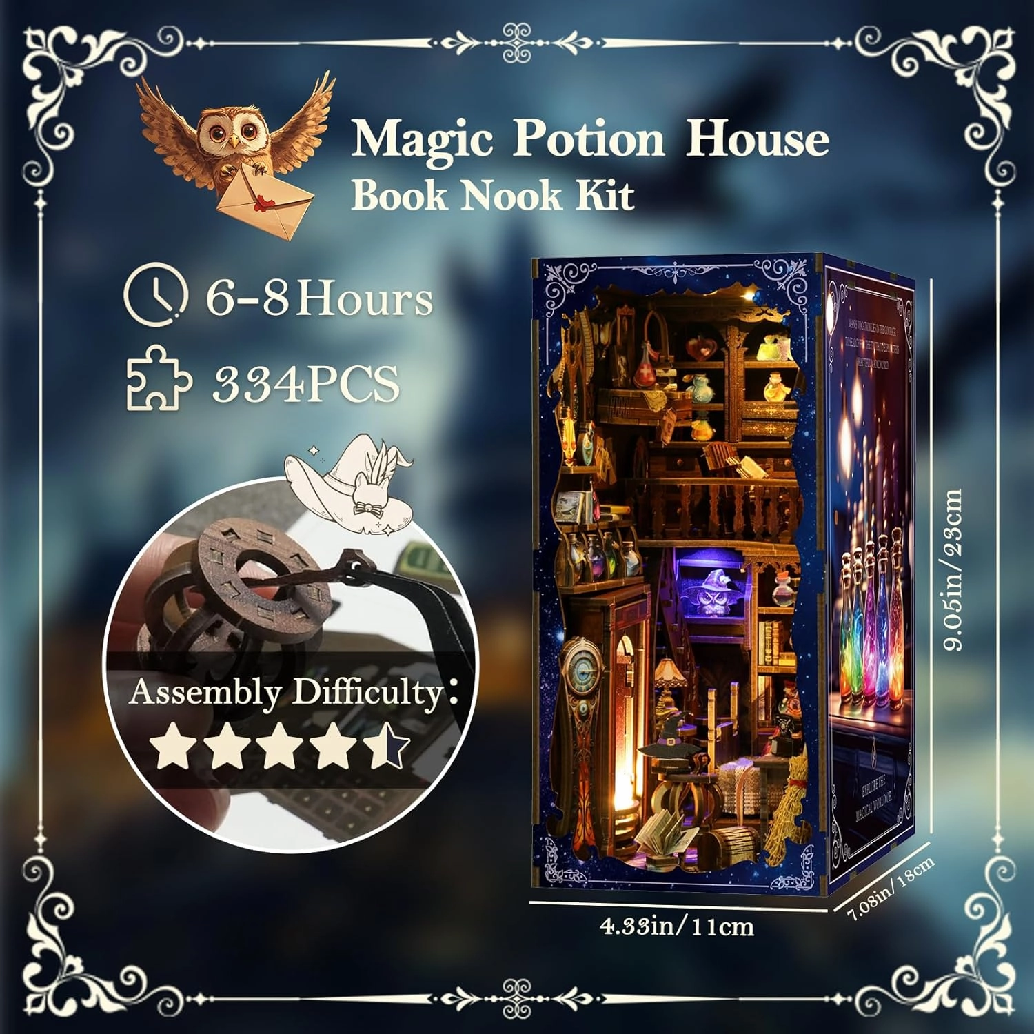 DIY Book Nook Kit Wooden Miniature Magic Potion House Kit 3D Wooden Bookends Miniature House Book Nook Kit for Adults Bookshelf Insert Decor with LED Lights Wood Crafts