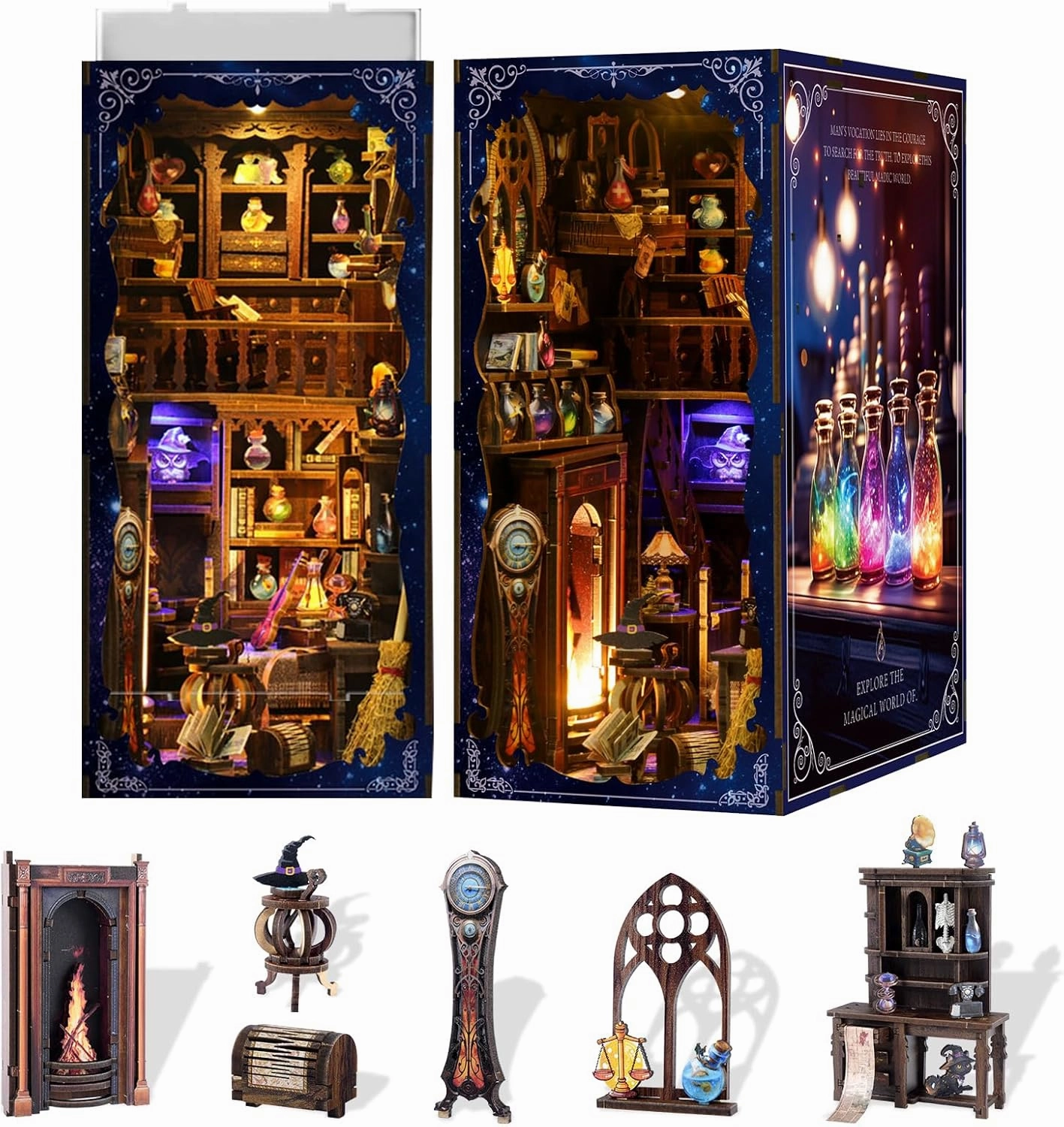 DIY Book Nook Kit Wooden Miniature Magic Potion House Kit 3D Wooden Bookends Miniature House Book Nook Kit for Adults Bookshelf Insert Decor with LED Lights Wood Crafts