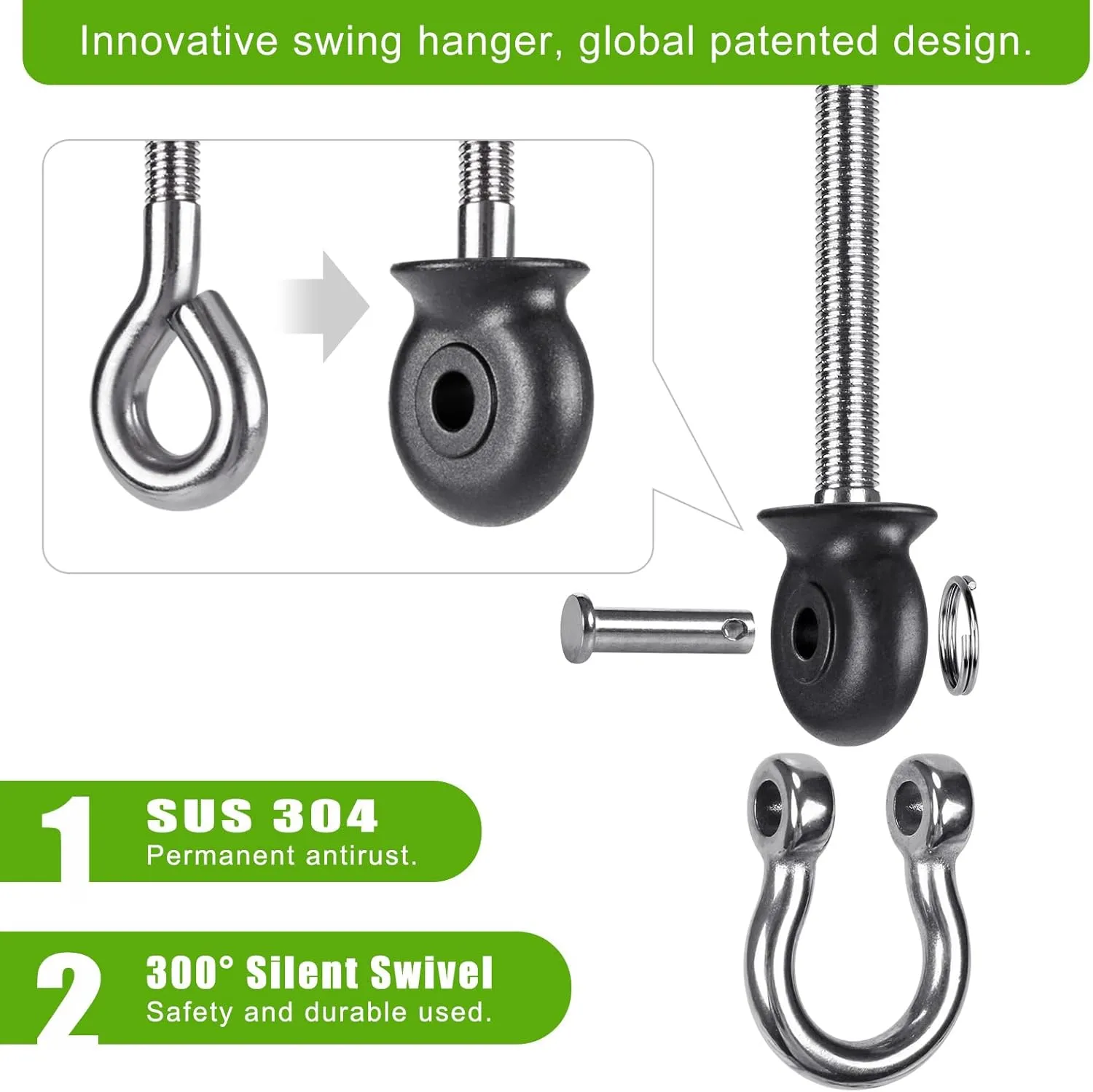 Dolibest Set of 6 Permanent Antirust Stainless Steel 304 Heavy Duty Swing Hangers for Playground Porch Yoga Hammock Chair, Easy to Install on Wood/Steel Beam, Rustproof and Durable, 7.67''
