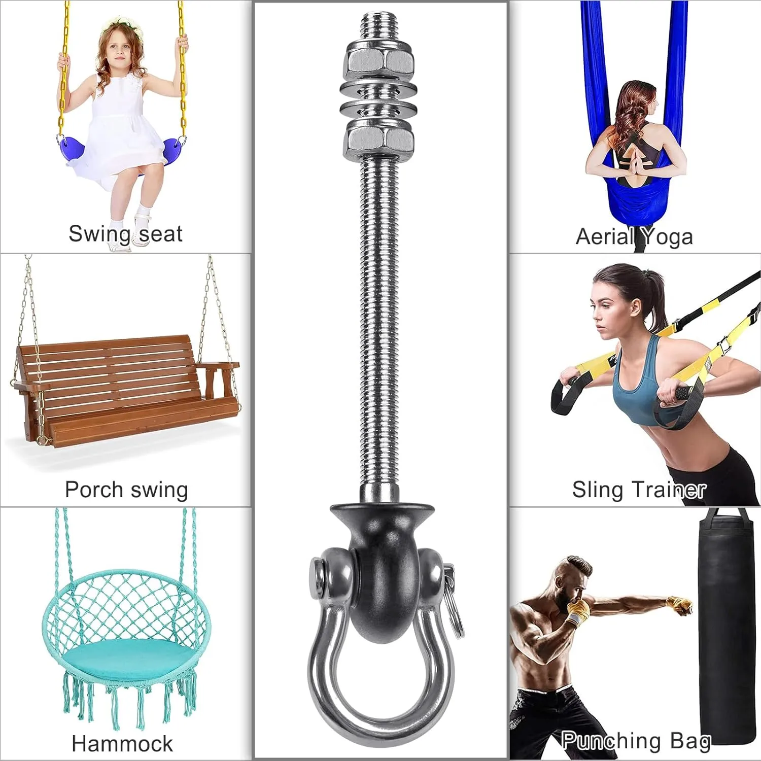 Dolibest Set of 6 Permanent Antirust Stainless Steel 304 Heavy Duty Swing Hangers for Playground Porch Yoga Hammock Chair, Easy to Install on Wood/Steel Beam, Rustproof and Durable, 7.67''