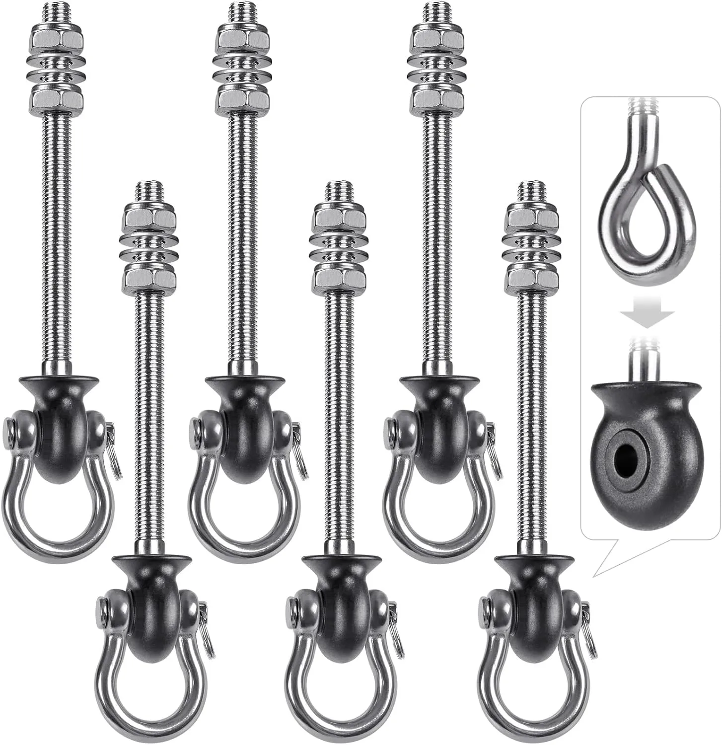 Dolibest Set of 6 Permanent Antirust Stainless Steel 304 Heavy Duty Swing Hangers for Playground Porch Yoga Hammock Chair, Easy to Install on Wood/Steel Beam, Rustproof and Durable, 7.67''