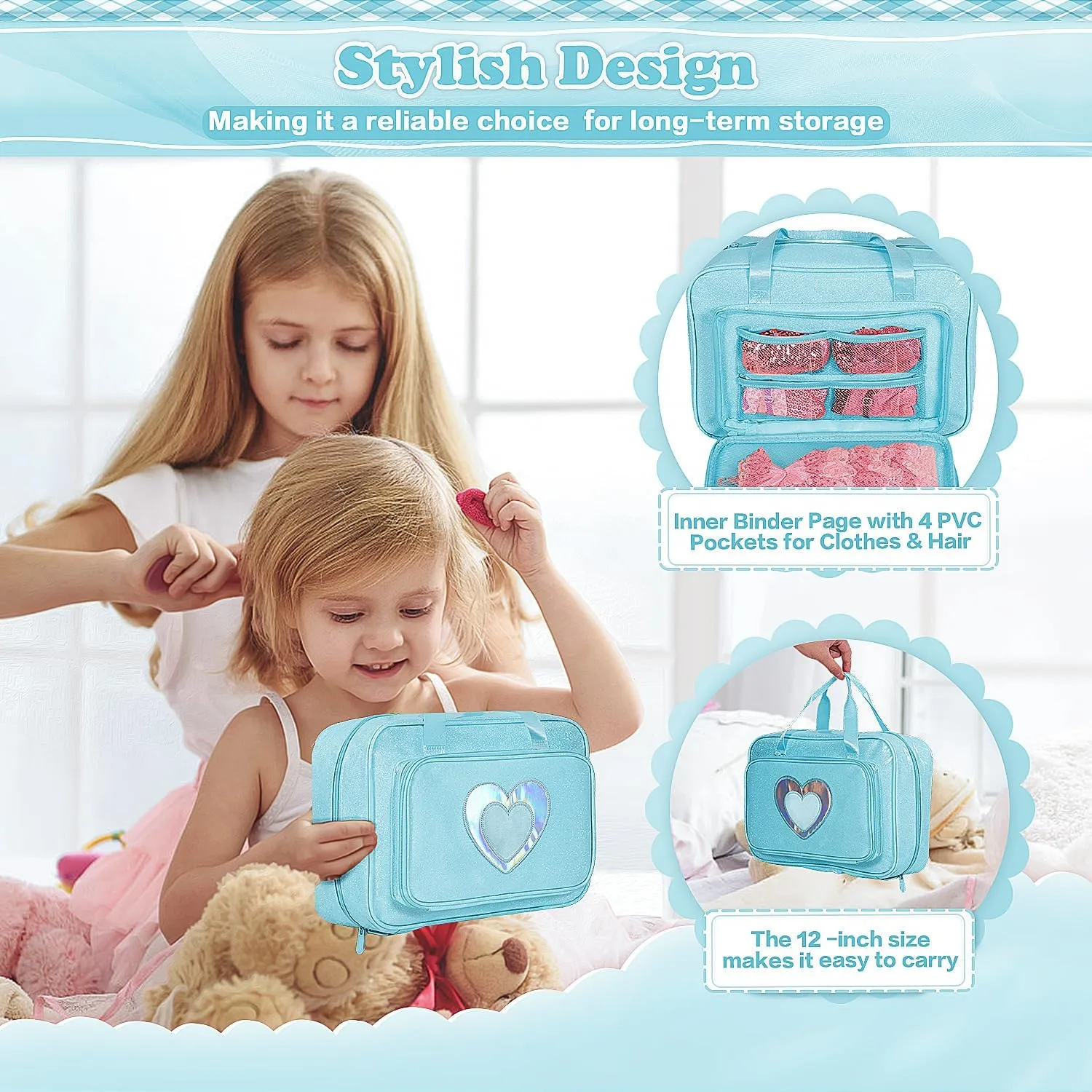 Doll Carrying Case, Toy Storage Box, Doll Travel Storage Bag with Handle, 12-inch Luggage Pouch for Kids (blue)