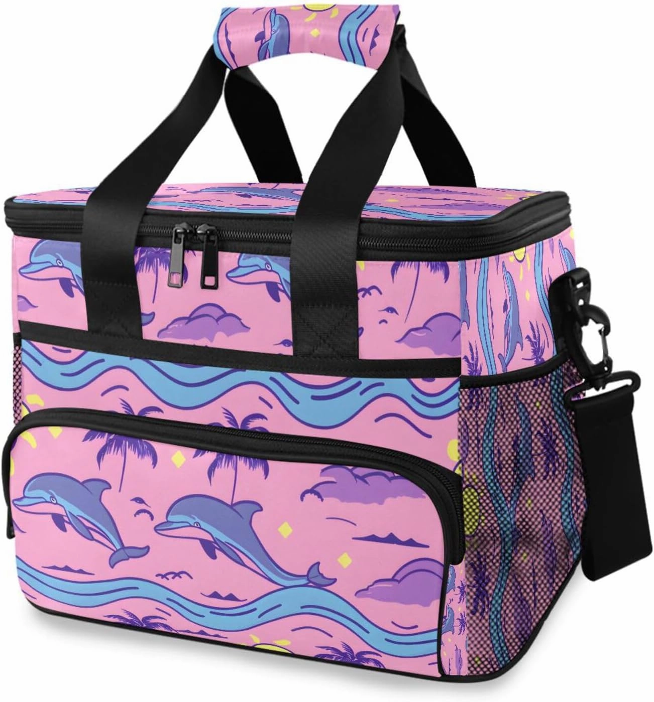 Dolphin Pink Doodle Cooler Bag Insulated Cooler Soft Sided Cooler 24 Can Portable Picnic Bag Large Leakproof Lunch Bag Box for Beach Grocery Camping Travel Car Men Women