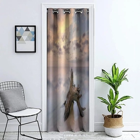 Doorway Curtain Panel Room Divider Solid Blackout Curtains, Driftwood Grommet Drapes Darkening Window Treatment, Sunrise on the Water and Driftwood on Sandy Beach Print Door Curtain, 51 x 78 inch