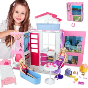Dream Doll House for 12'' Dolls, 2-Story Portable Dollhouse W/Loft,Pets Rooms, 25  Pcs Dollhouse Furnitures & Accessories, Space Saving Playhouse Birthday Xmas Toys Gifts for Girls 3 4 5 6 7 8 