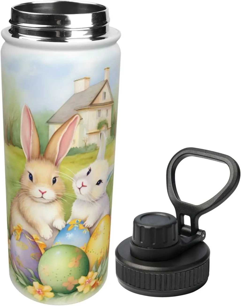 Easter Eggs Floral 18 oz Stainless Steel Water Bottles Insulated Sports Water Bottle with Spout Lid, Cartoon Rabbit Bunny Double Wall Travel Water Flask for Running Hiking Fishing
