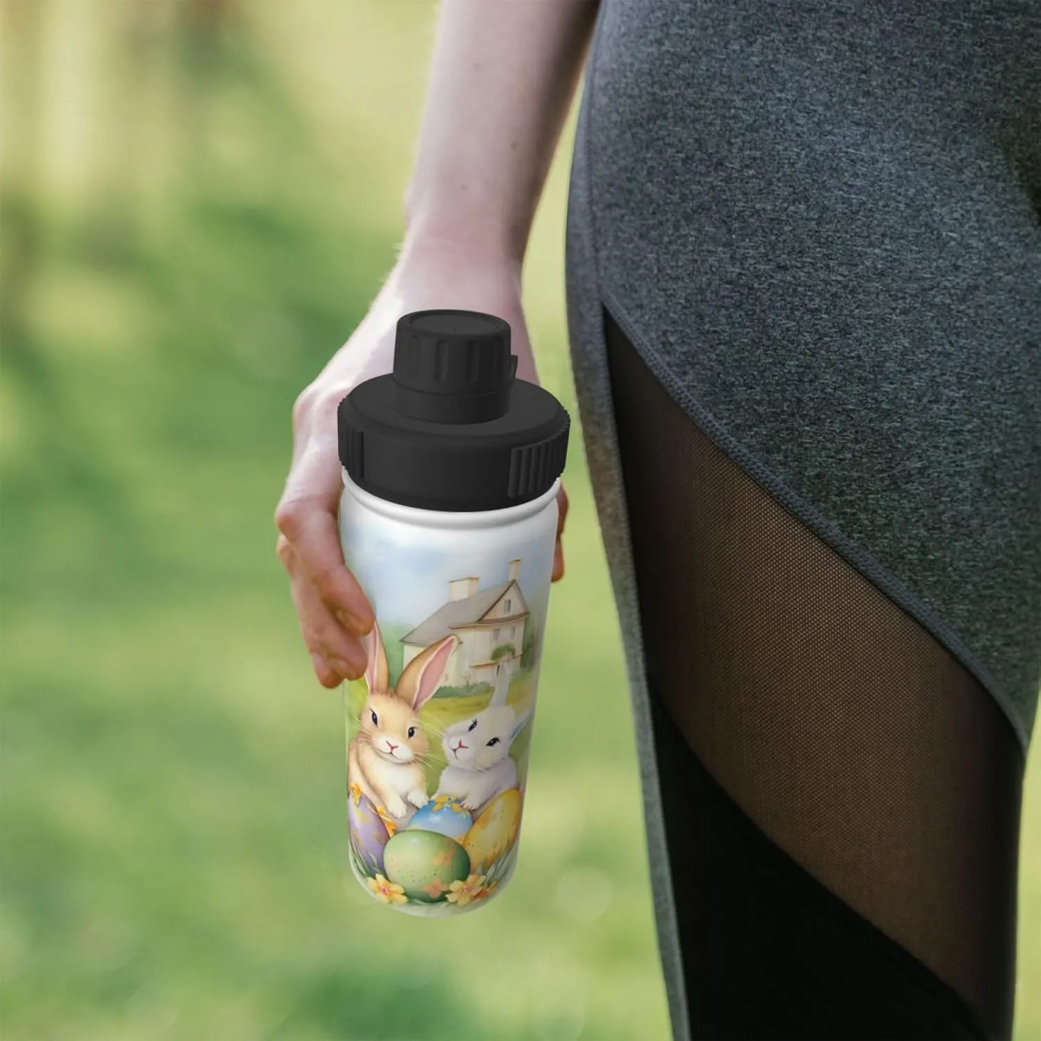 Easter Eggs Floral 18 oz Stainless Steel Water Bottles Insulated Sports Water Bottle with Spout Lid, Cartoon Rabbit Bunny Double Wall Travel Water Flask for Running Hiking Fishing