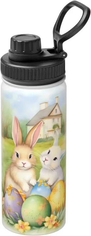 Easter Eggs Floral 18 oz Stainless Steel Water Bottles Insulated Sports Water Bottle with Spout Lid, Cartoon Rabbit Bunny Double Wall Travel Water Flask for Running Hiking Fishing
