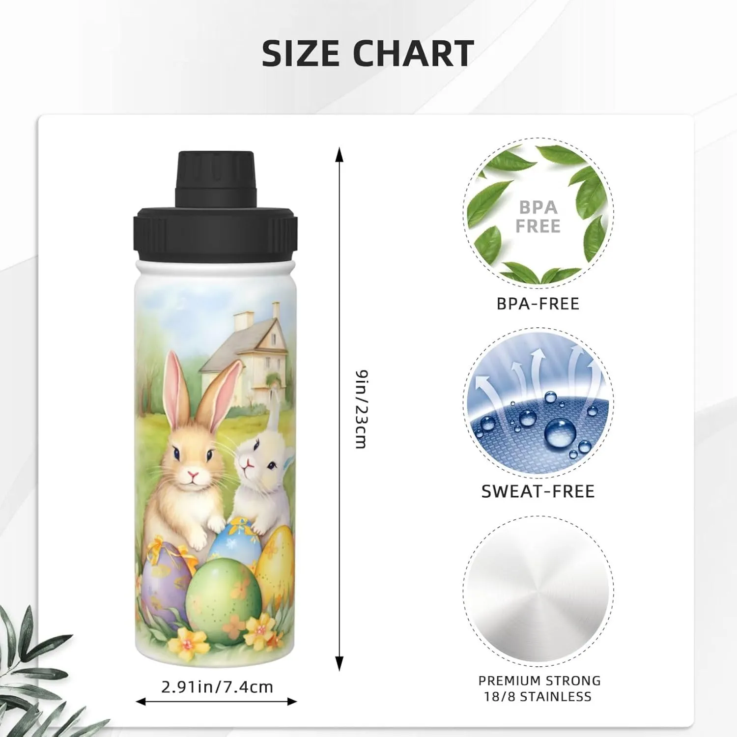 Easter Eggs Floral 18 oz Stainless Steel Water Bottles Insulated Sports Water Bottle with Spout Lid, Cartoon Rabbit Bunny Double Wall Travel Water Flask for Running Hiking Fishing