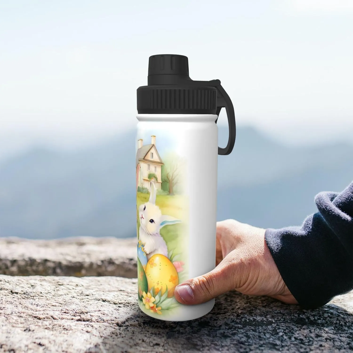 Easter Eggs Floral 18 oz Stainless Steel Water Bottles Insulated Sports Water Bottle with Spout Lid, Cartoon Rabbit Bunny Double Wall Travel Water Flask for Running Hiking Fishing