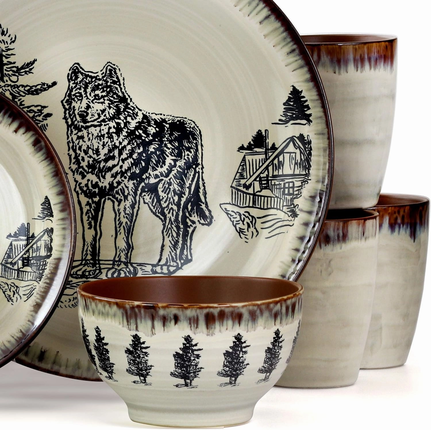 Elama Round Stoneware Cabin Dinnerware Dish Set, 16 Piece, Wolf Design with Warm Taupe and Brown Accents