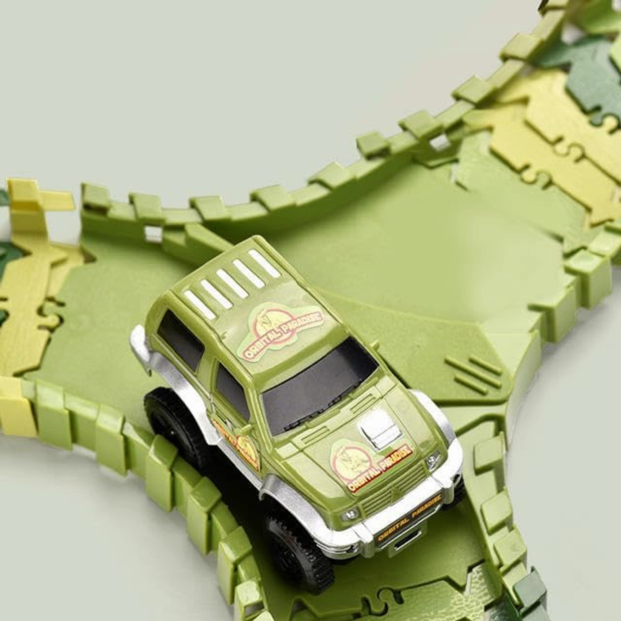 Electric Car and Dinosaur Track Toy Set - Build Your Own Car Track and Explore Dinosaur Paradise - Green