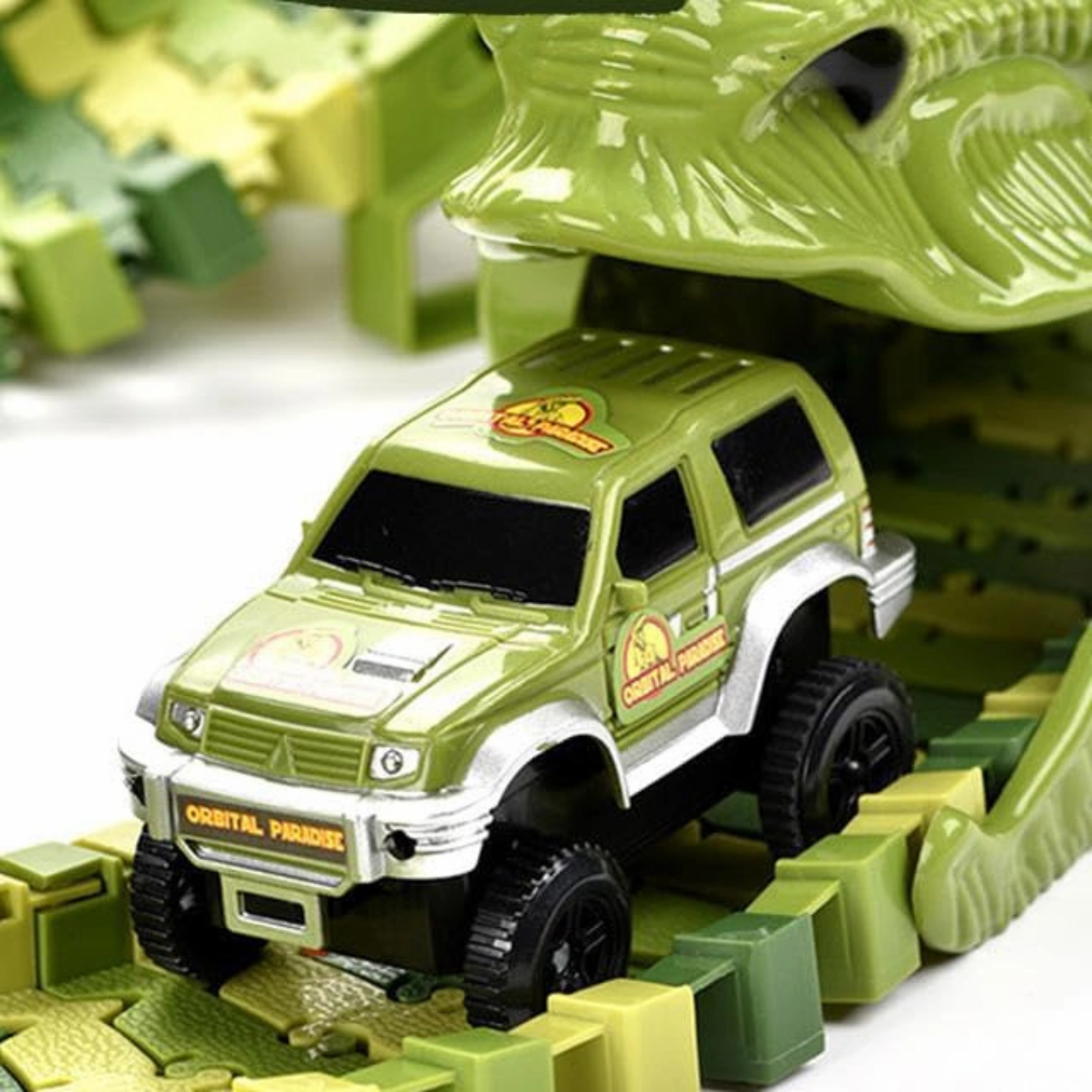 Electric Car and Dinosaur Track Toy Set - Build Your Own Car Track and Explore Dinosaur Paradise - Green