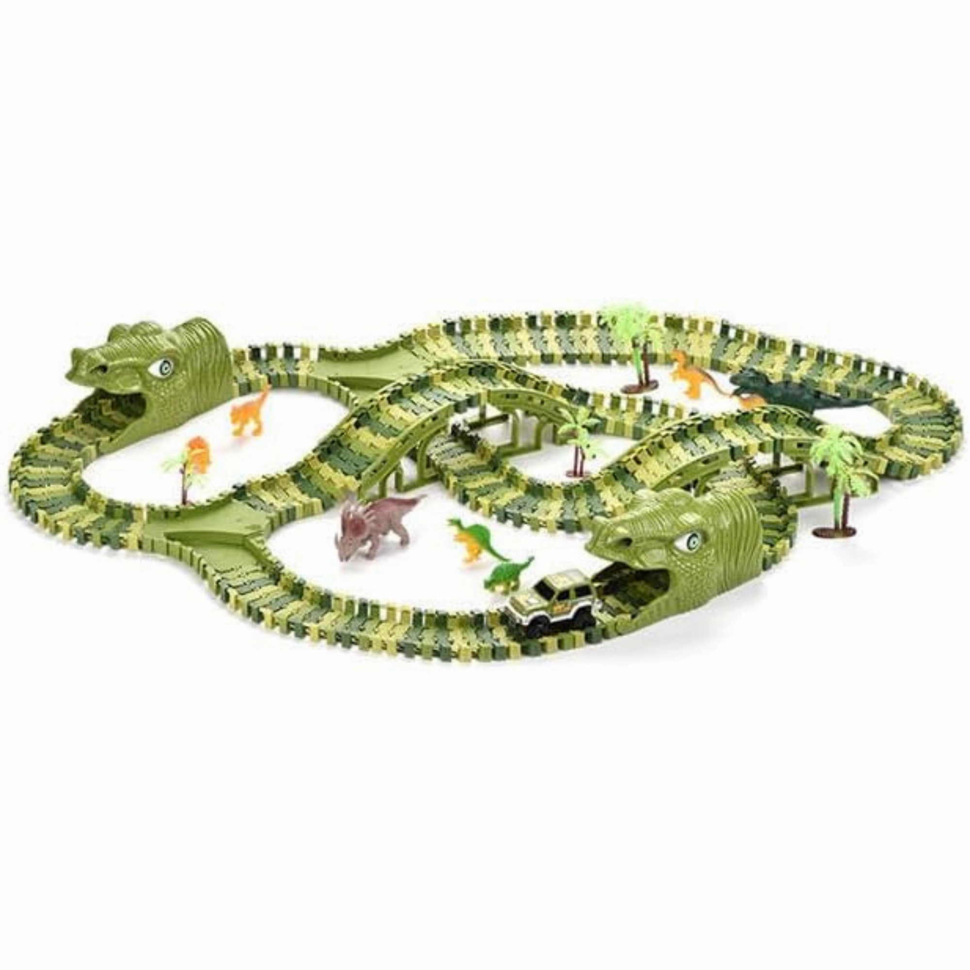 Electric Car and Dinosaur Track Toy Set - Build Your Own Car Track and Explore Dinosaur Paradise - Green