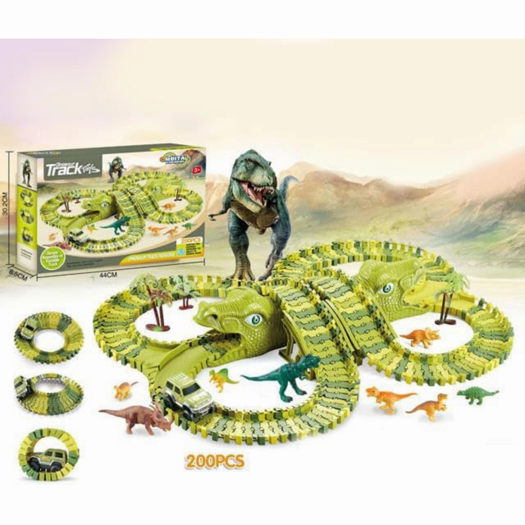 Electric Car and Dinosaur Track Toy Set - Build Your Own Car Track and Explore Dinosaur Paradise - Green