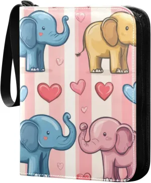 Elephants Love Stripes Card Binder 4 Pocket Trading Card Album Fits 400 Sports/Game Cards, PU Cover 3 Ring Card Collection with 50 Removable Sleeves