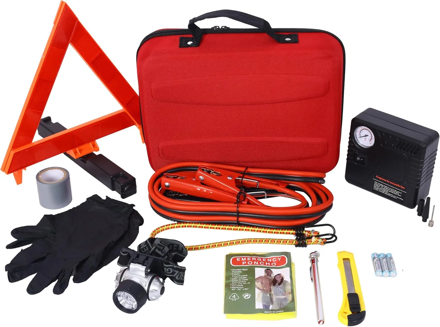 Emergency Auto Safety Kit with Portable Air Compressor, Roadside Assistance Tools, First Aid Supplies, and Reflective Warning Triangle, Red