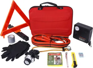 Emergency Auto Safety Kit with Portable Air Compressor, Roadside Assistance Tools, First Aid Supplies, and Reflective Warning Triangle, Red