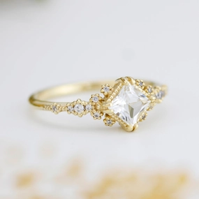 Engagement ring white topaz and diamond, cluster ring princess cut | R 339WT