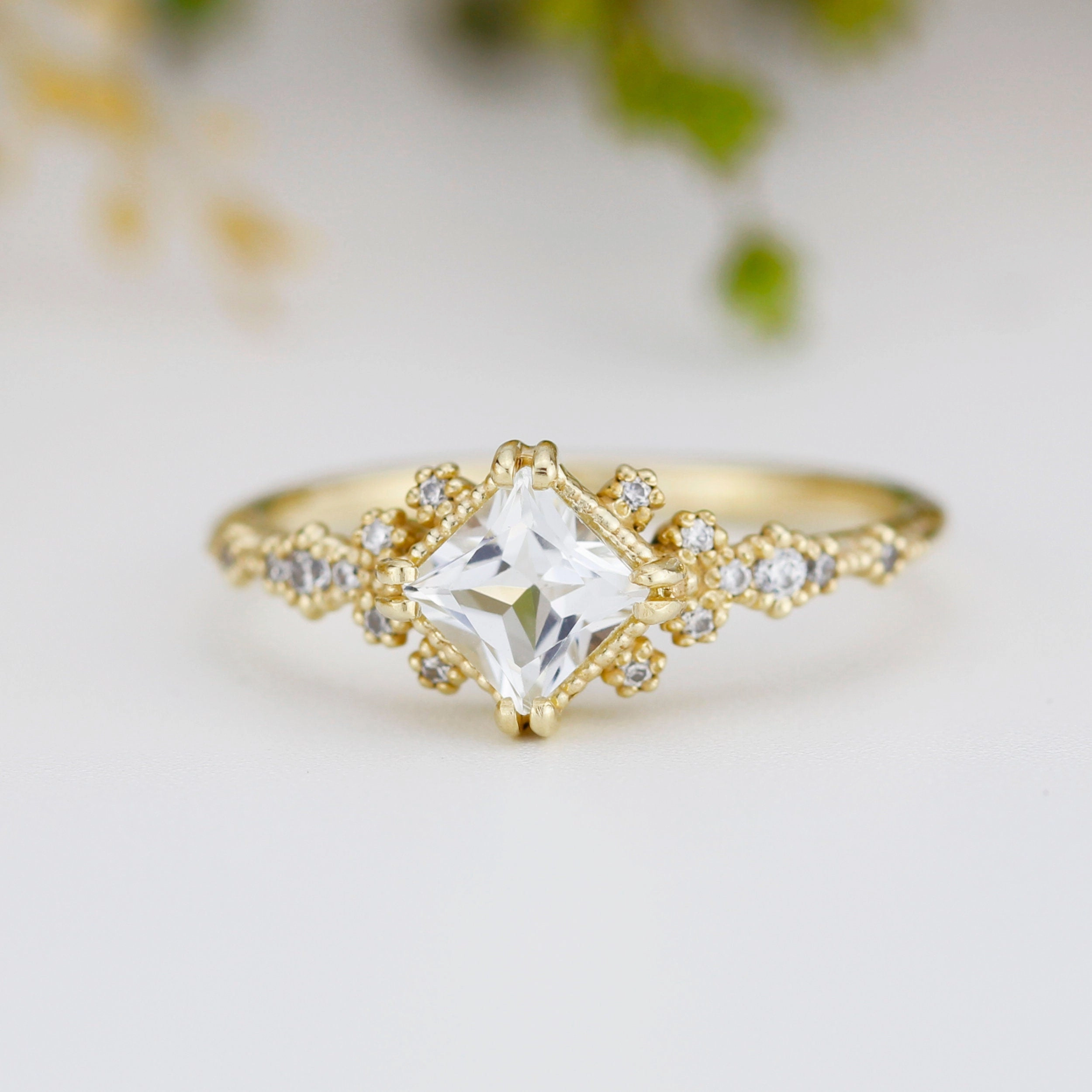 Engagement ring white topaz and diamond, cluster ring princess cut | R 339WT