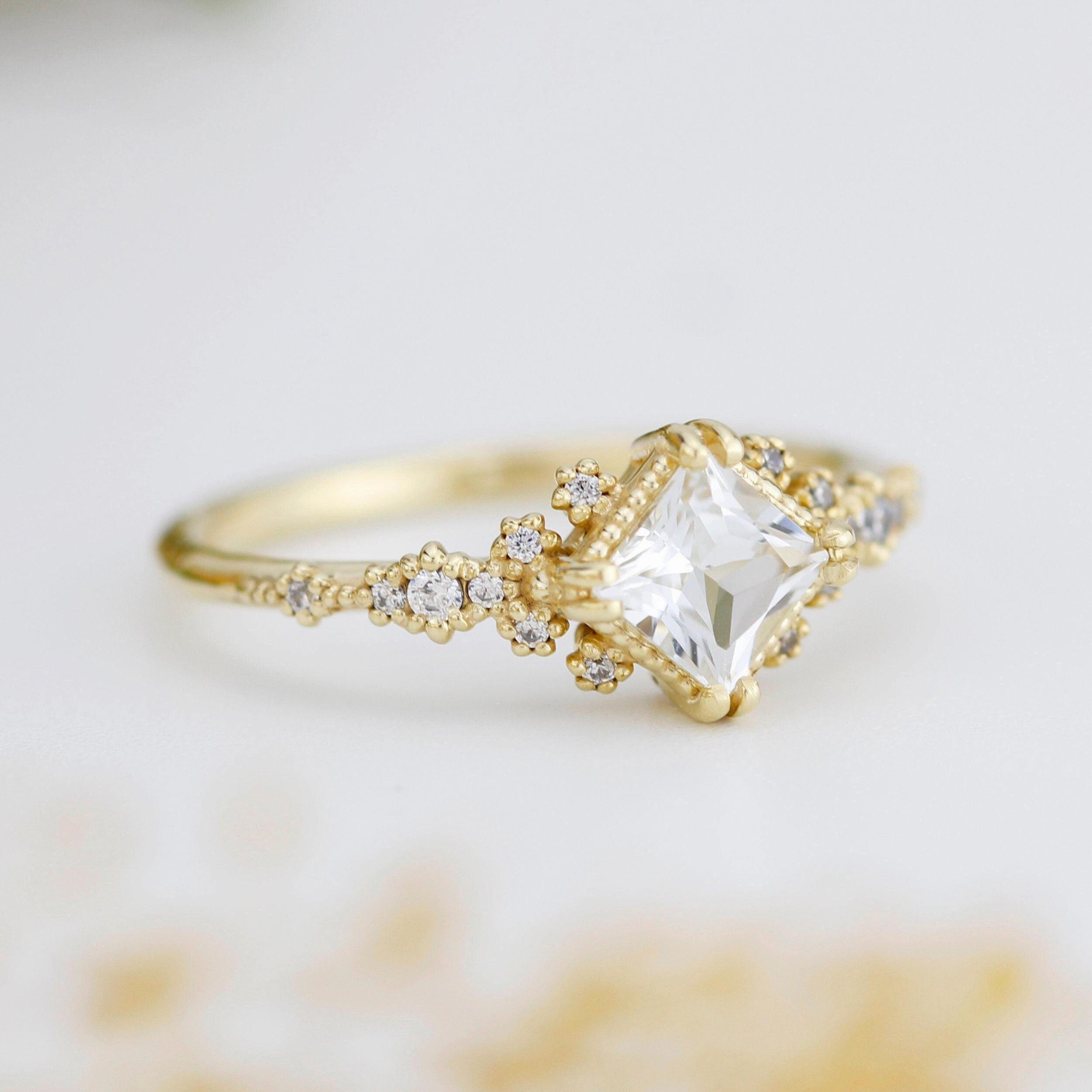 Engagement ring white topaz and diamond, cluster ring princess cut | R 339WT