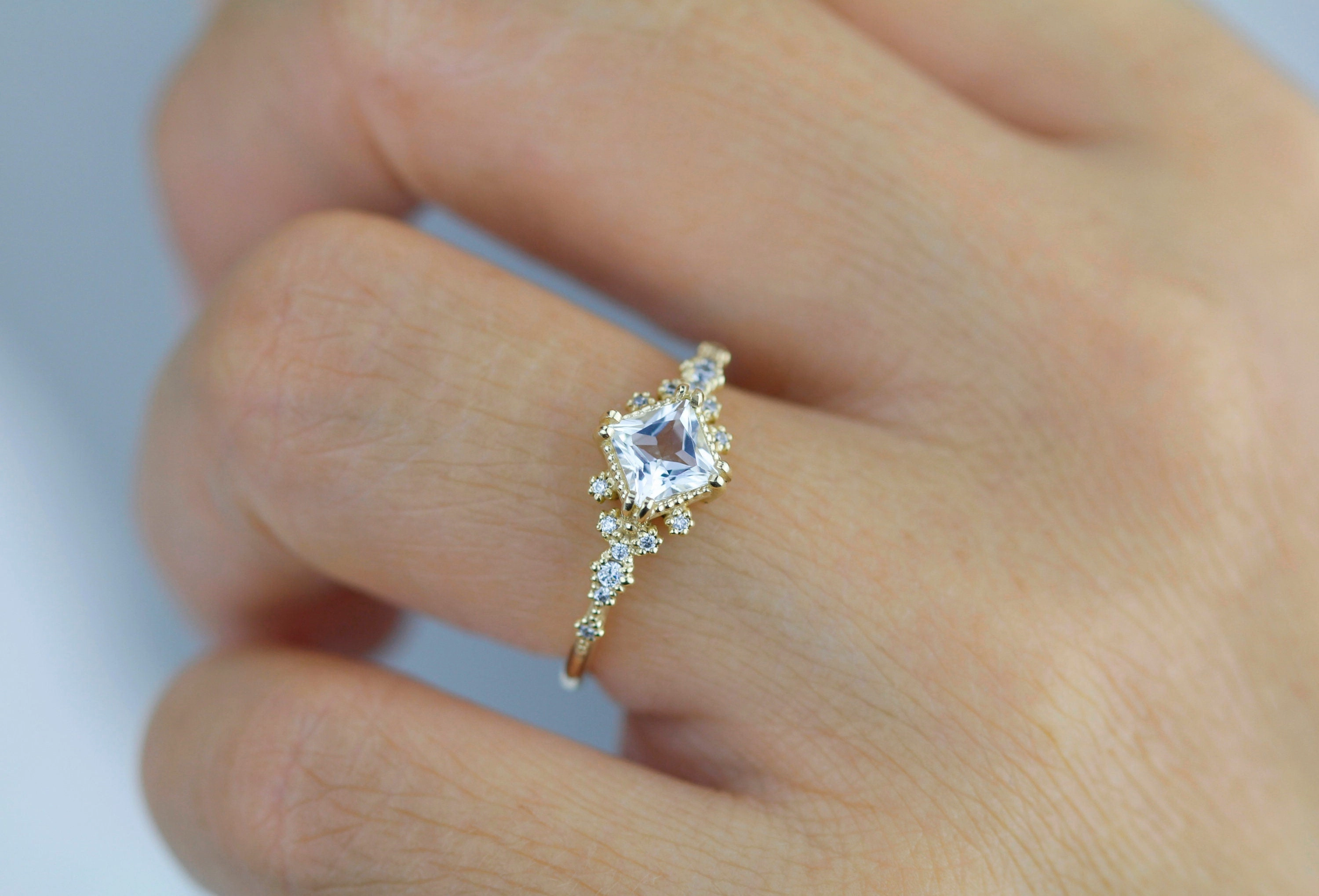 Engagement ring white topaz and diamond, cluster ring princess cut | R 339WT