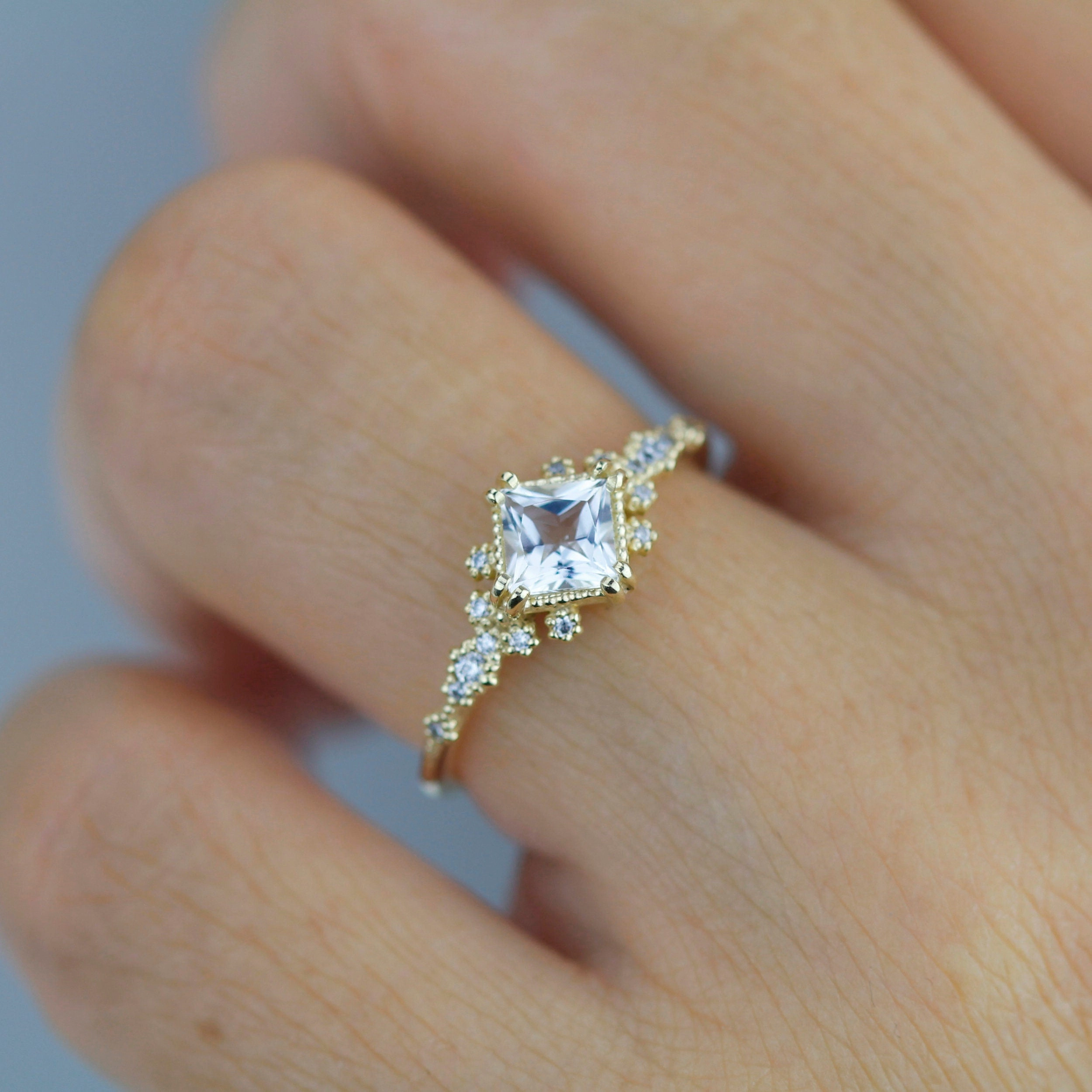 Engagement ring white topaz and diamond, cluster ring princess cut | R 339WT
