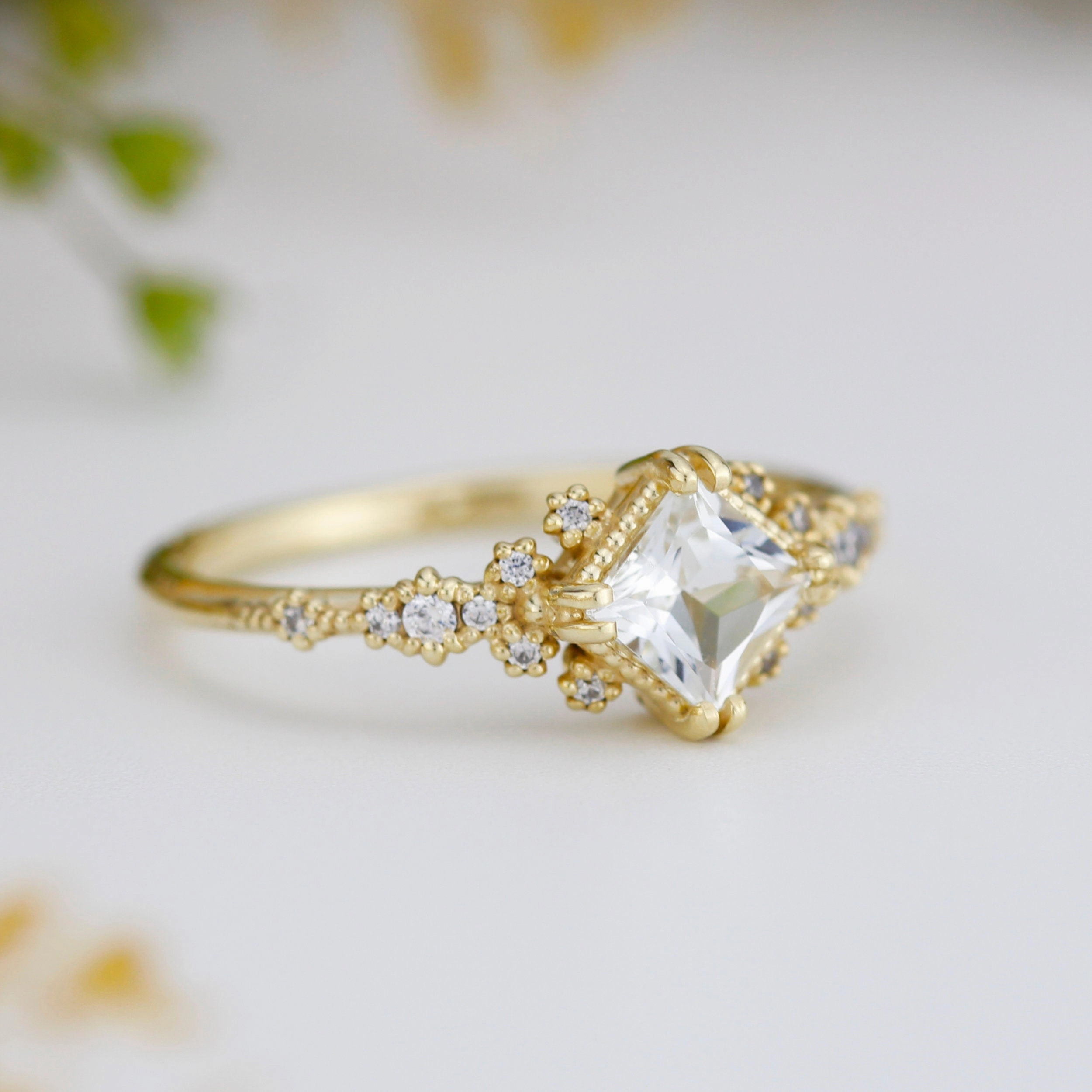 Engagement ring white topaz and diamond, cluster ring princess cut | R 339WT