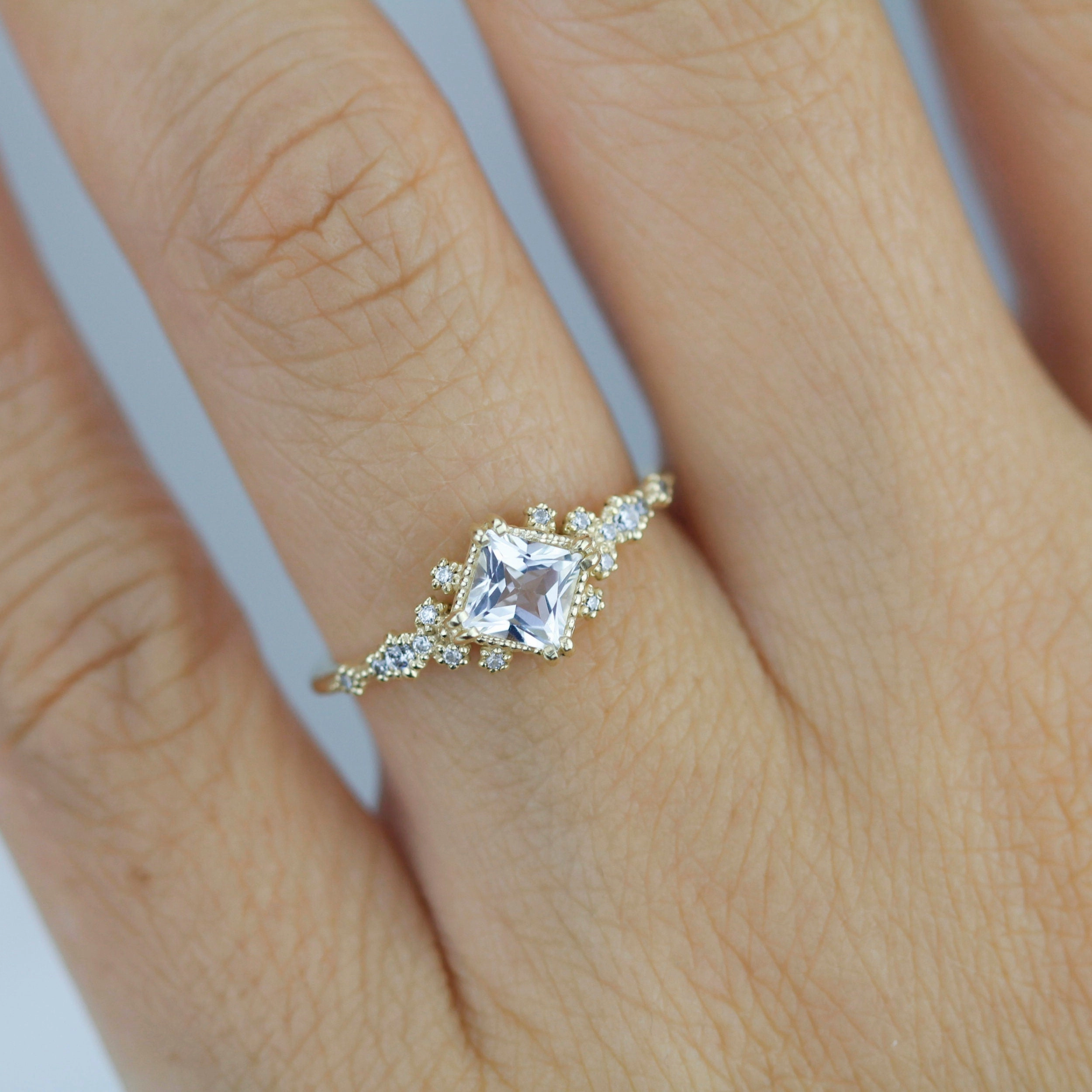 Engagement ring white topaz and diamond, cluster ring princess cut | R 339WT