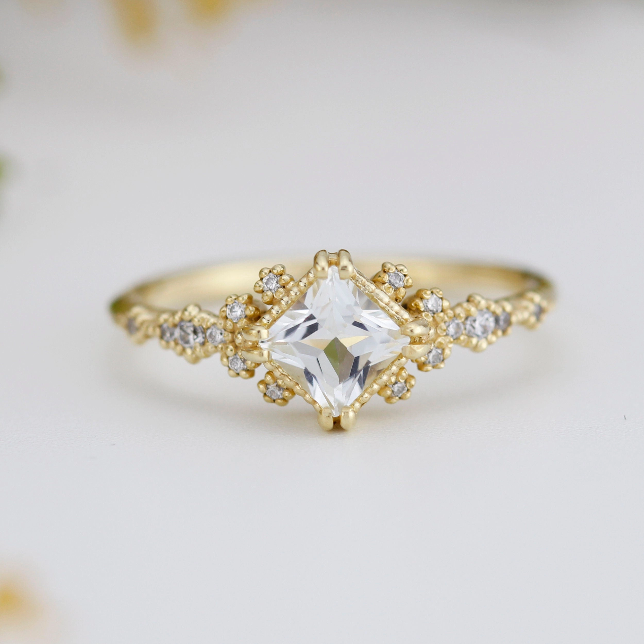 Engagement ring white topaz and diamond, cluster ring princess cut | R 339WT
