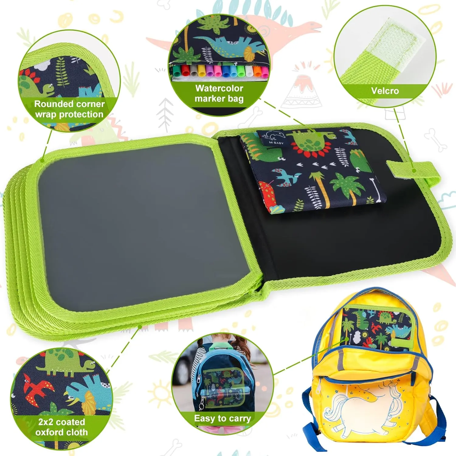 Erasable Doodle Set for Kids - Reusable Magic Drawing Book with 12 Watercolor Pens 14 Page Drawing, Road Trip Car Game Writing Painting Set for Boys and Girls (Green)